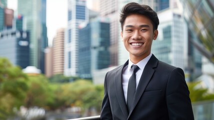 Fototapeta premium Portrait of a Smiling Man in a Suit Against a Cityscape Background