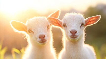 Obraz premium Two baby goats are standing next to each other in the sun. They are both smiling and looking at the camera