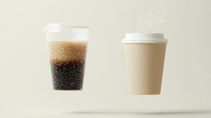 two floating coffee cups on light, neutral background, transparent plastic cup with iced coffee, white paper cup with hot coffee