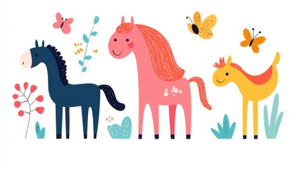 Three horses are standing in a field with a butterfly and a flower. The horses are smiling and the butterfly is fluttering around them. The scene is bright and cheerful, with a sense of playfulness