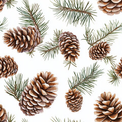 Fototapeta premium Watercolor Pine cone seamless pattern, watercolor illustration, Christmas background.
