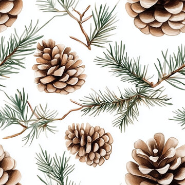 Watercolor Pine cone seamless pattern, watercolor illustration, Christmas background.