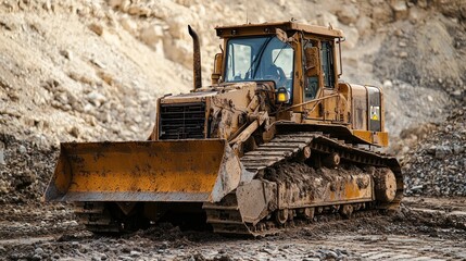 Fototapeta premium A Cat brand bulldozer working on a construction site.