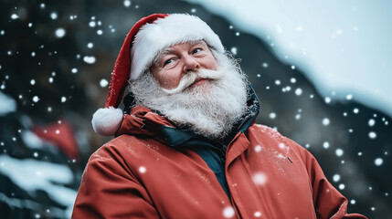 Bearded man in Santa hat and red jacket standing outdoors, surrounded by falling snowflakes with a blurred snowy background