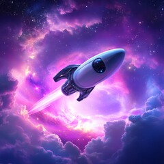Spaceship Flying Through Cosmic Clouds and Stars