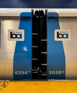 The connection between two BART railway carriages 4394 and 3038. San Francisco, California, USA. September  2024. 