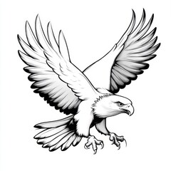 Fototapeta premium Eagle Flying Wings Spread Black And White Illustration