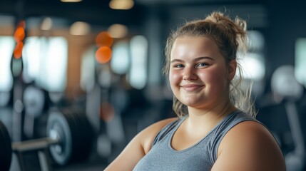 Obraz premium Overweight person starts exercising concept. A happy plump young woman at the gym ready to work out