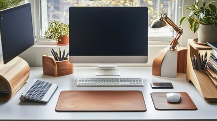 Fototapeta premium A well-organized home office setup with essential equipment.
