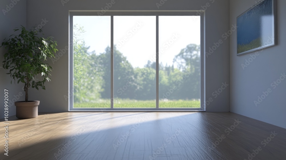 Poster empty room with a large window overlooking a green field and trees, sunlight streams through the win