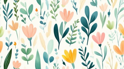 A colorful floral pattern is displayed on a white background. The flowers are arranged in a way that creates a sense of movement and energy. Scene is cheerful and uplifting, as the bright colors