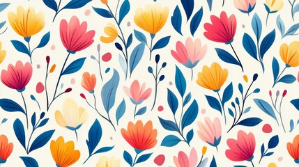 A colorful floral pattern with blue and yellow flowers. The flowers are arranged in a way that creates a sense of movement and energy. Scene is cheerful and uplifting