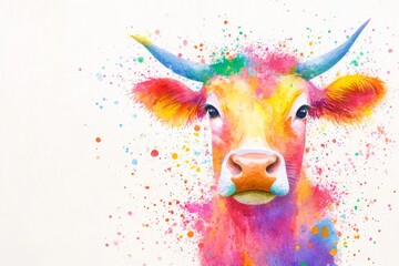 Obraz premium A colorful cow with a big horn is the main subject of the image. The cow is painted in a way that it looks like it is splattered with paint, giving it a vibrant and lively appearance
