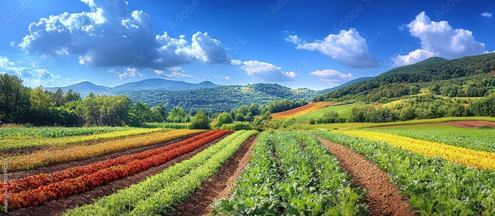 Poster a picturesque view of a vibrant field with rows of colorful crops, set against a backdrop of rolling