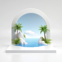Minimalist White Archway with Tropical Beach Scene
