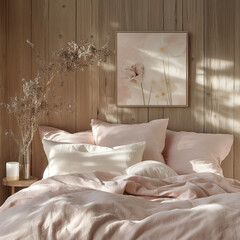 A serene bedroom with pale pink bed linens