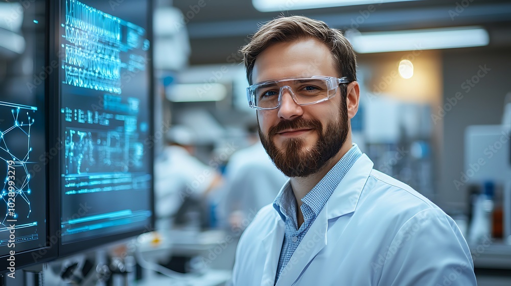 Poster smiling scientist in lab with data on monitors