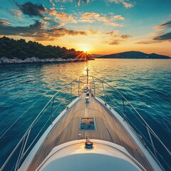 Scenic back view luxury private yacht boat sail at Croatian bay harbor shore blue turquoise clear water bright summer sunny sunset sunrise morning. Rich quality lifestyle. Boat vessel charter service