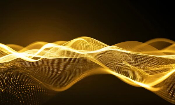 Abstract gold wave background with glowing particles.