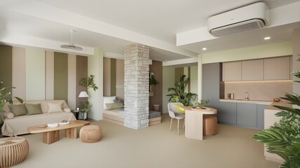 Cozy and Wellness Centered Small Apartment Design with Natural Elements and Greenery