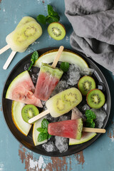 Frozen juice. Ice cream popsicles. Summer sweets and desserts. Vegan food.