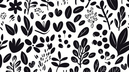 Fototapeta premium A black and white drawing of flowers and leaves. The drawing is very detailed and has a lot of different shapes and sizes. The overall mood of the drawing is peaceful and calming