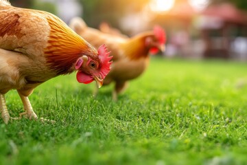 Fototapeta premium Two chickens are eating grass in a field. The grass is green and the chickens are brown and red