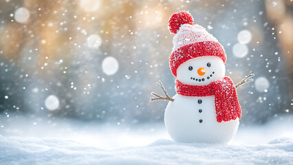 Fototapeta premium Snowman with a red hat and scarf stands in the snow, snowing softly around it.