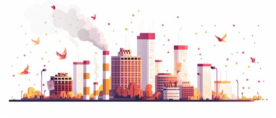 Obraz premium Vibrant Cityscape with Birds and Smoke Effects