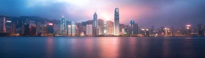 Fototapeta premium Panoramic view of a vibrant city skyline at dusk, reflecting on calm waters, creating a serene and picturesque urban landscape.