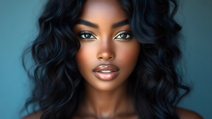 Naklejka premium A close-up portrait of a young woman with curly hair, sparkling eyes, and a natural, radiant beauty set against a softly blurred background.