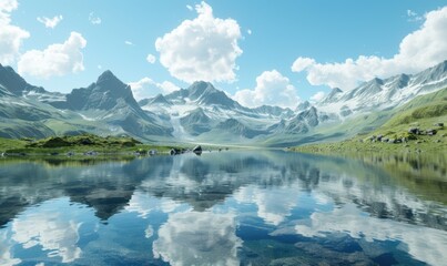 Crystal-clear lake reflecting mountains, 4K hyperrealistic photo