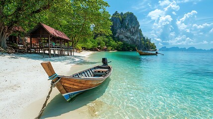 Obraz premium Tropical Beach Scene with Longtail Boat Crystal Clear Water and Limestone Cliffs