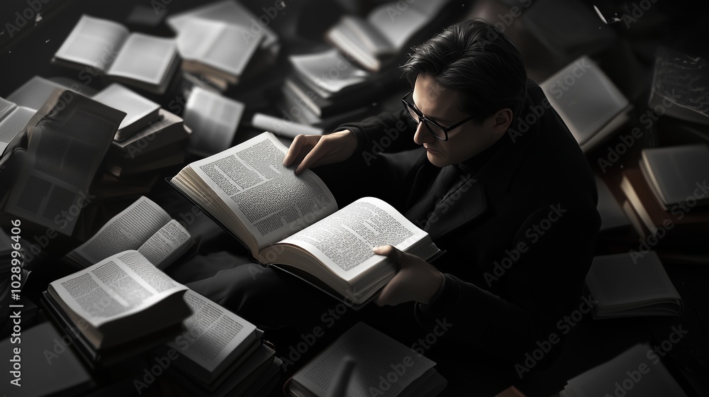 Aufkleber a person reading a large book surrounded by scattered open books in a dimly lit library setting duri