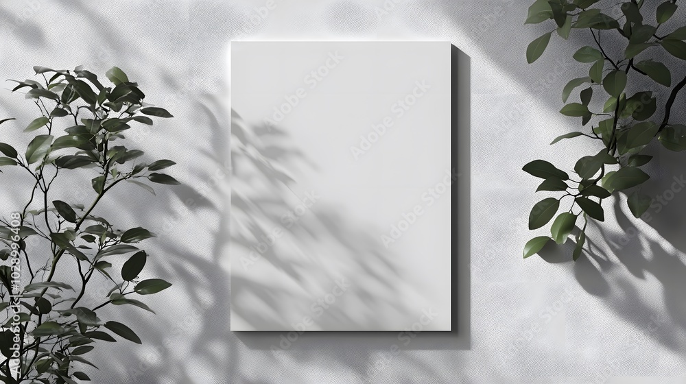 Poster a blank canvas displayed against a textured wall, surrounded by green leaves, creating a serene and 