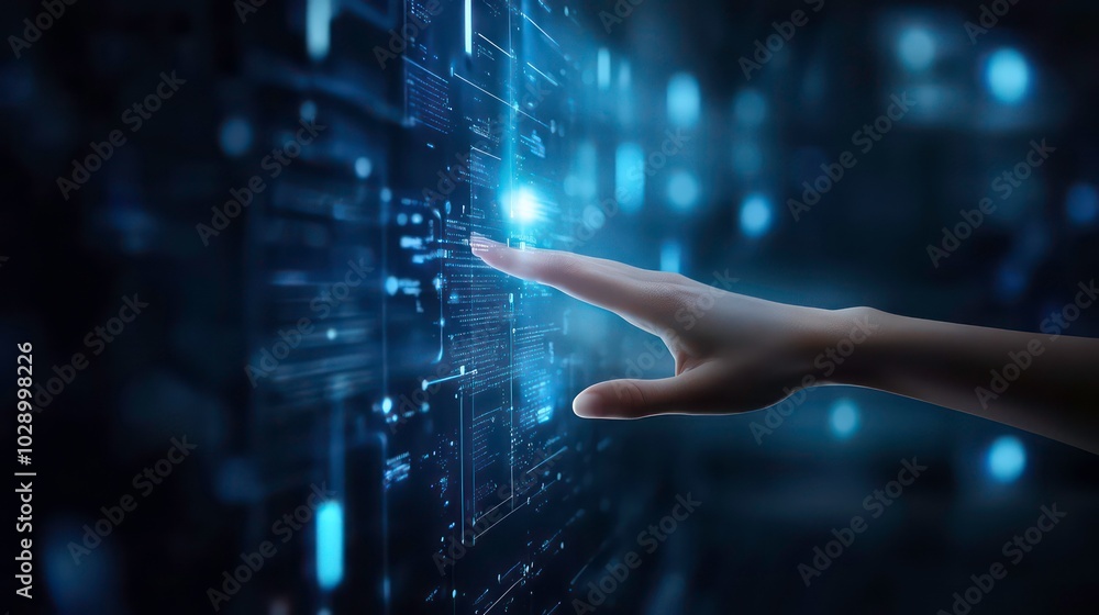 Poster a hand reaching out to touch a digital interface with glowing blue lines and data.