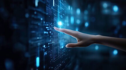 A hand reaching out to touch a digital interface with glowing blue lines and data.
