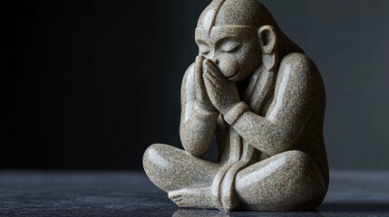 A minimalist sculpture of Lord Hanuman bowing in devotion, made from polished stone with clean, flowing lines, symbolizing humility and strength in a modern artistic form