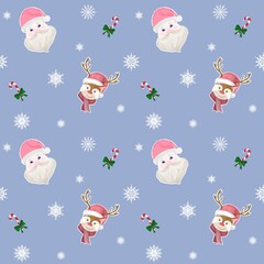 christmas seamless pattern with santa claus, deer, caramel cane and snowflakes