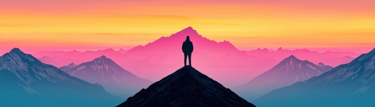 A charismatic leader standing confidently on a mountaintop