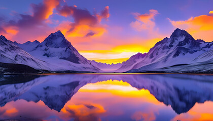 A serene lake reflects the vibrant hues of an orange and purple sunset, as snow-capped mountains glow in the distance.