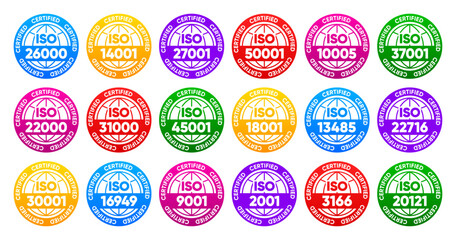 Obraz premium Iso certified standarts collection. International Organization for Standardization stamp. Vector illustration.