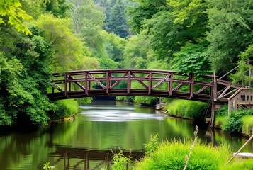 Rustic Bridge A wooden bridge crossing a calm river surrounded b