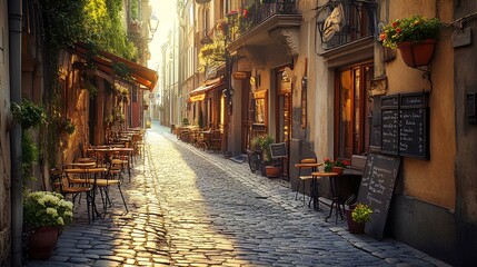 Fototapeta premium A charming cobblestone street lined with cafes, bathed in golden sunlight, creating a cozy, inviting atmosphere.
