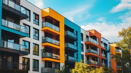 Obraz premium A modern apartment building featuring vibrant colors, balconies, and a clear blue sky in the background.