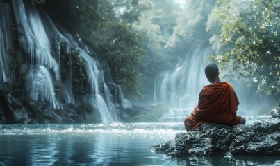 Fototapeta premium Peaceful meditative monk sitting by a serene waterfall, 4K hyperrealistic photo.