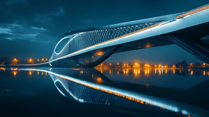 Naklejka premium A modern, illuminated bridge stands gracefully at night, reflecting beautifully on the water's surface with a serene and tranquil atmosphere.