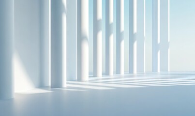 Naklejka premium Creative Abstract Marketing Background Featuring a Beautiful and Airy Wide-Screen Minimalist White and Light Blue Architectural Banner with Slanted Columns, Perfect for Vacation, Leisure, and Relaxati