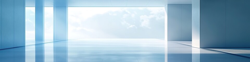 Creative Abstract Marketing Background Featuring a Beautiful and Airy Wide-Screen Minimalist White and Light Blue Architectural Banner with Slanted Columns, Perfect for Vacation, Leisure, and Relaxati