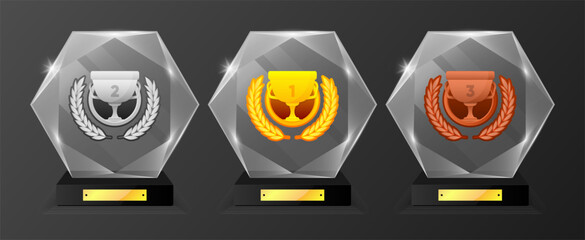 Winner award for 1st, 2nd, 3rd place. Crystal Prizes for winner. Gold, silver and bronze cups and wreathes. Vector illustration.